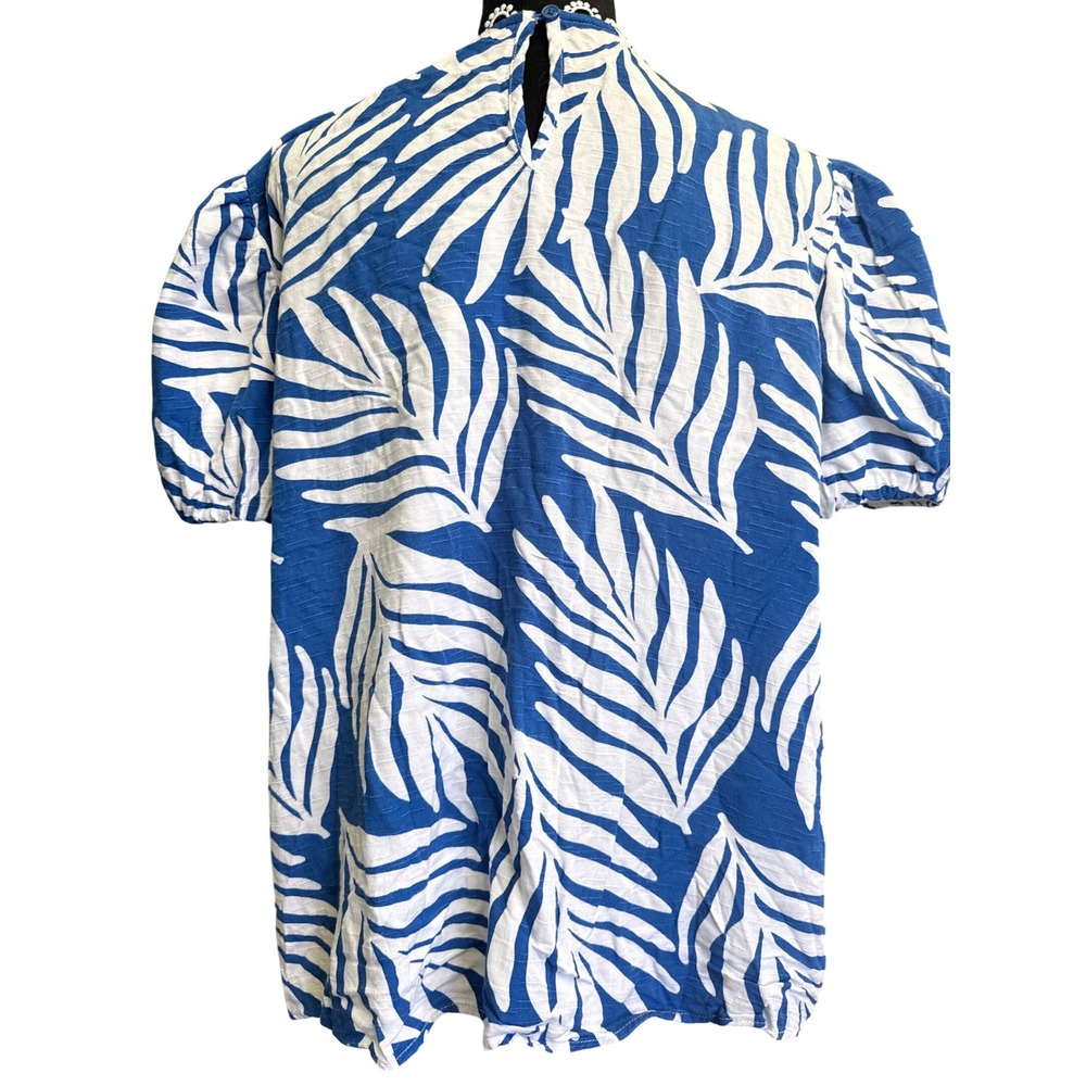 Cato Womens XL Blue White Tropical Palm Leaf Puff Sleeve Crochet Lace Blouse - Picture 2 of 4
